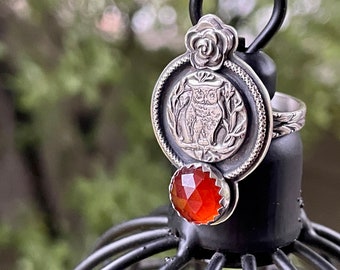 Garnet Ring With Owl Sterling Silver SIZE 7 Handmade OOAK Artisan Jewelry Oxidized Silver Woodland Vibe Owl Lovers Perfect Gift