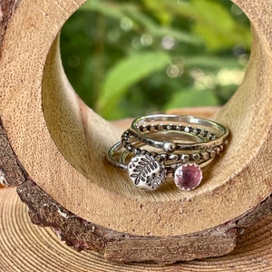 Stack 4 Ring Set Pink Tourmaline Stone Hammered Sterling Silver Handmade Artisan Made Womens SIZE 6.5 Rings Nature Inspired Boho Chic