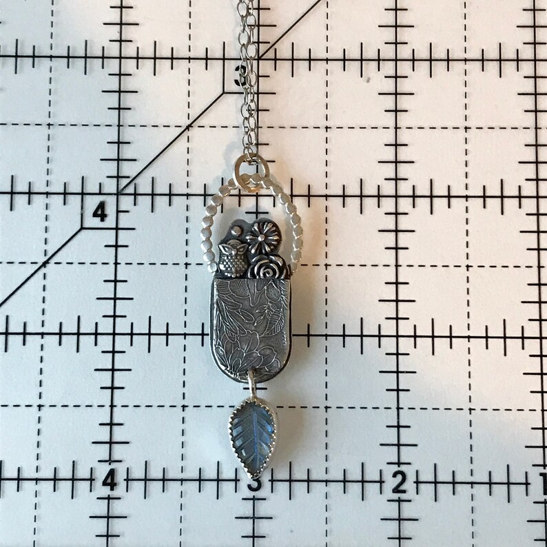 Labradorite Owl Necklace Sterling Silver Handmade OOAK Carved Leaf Stone Pendant On Chain Barn Owl Moon Flowers Floral Artisan Jewelry image 9