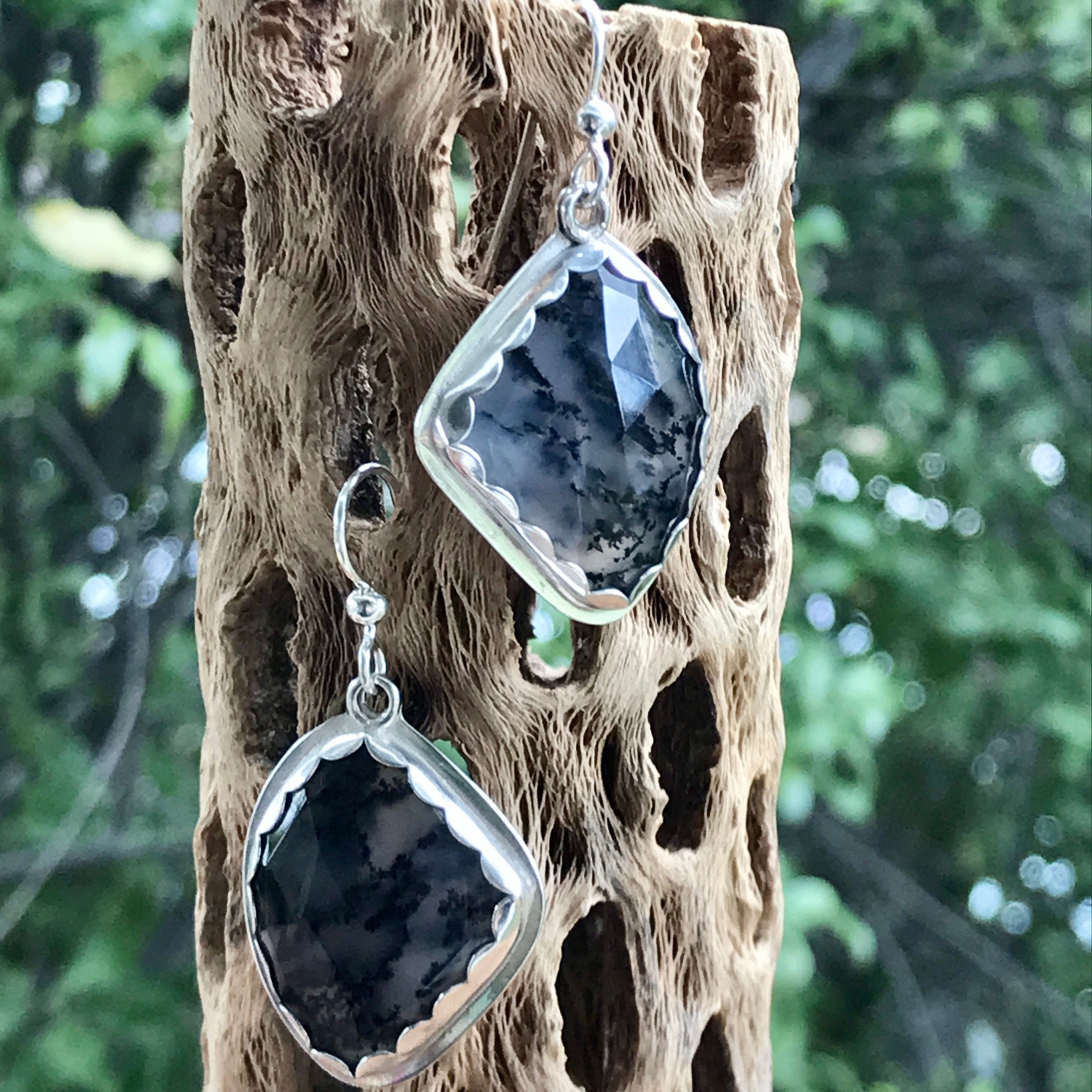 Dendritic Opal Gemstone Earrings Sterling Silver Handmade Artisan Jewelry Nature Inspired Bezel Set Dangle Statement Earring Dendrite Opal