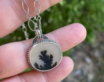 Sterling Silver Bezel Set Scenic Picture Agate Gemstone Pendant On Chain Artisan Made One Of A Kind Nature Inspired jewelry Flower Back