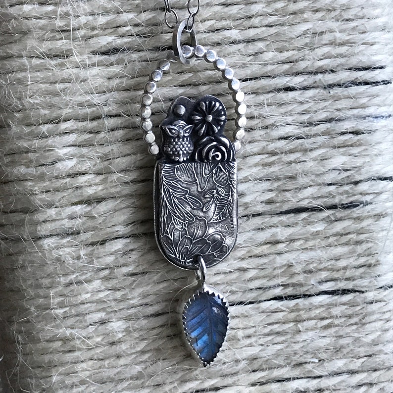 Labradorite Owl Necklace Sterling Silver Handmade OOAK Carved Leaf Stone Pendant On Chain Barn Owl Moon Flowers Floral Artisan Jewelry image 5
