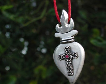 Artist Made OOAK Sacred Heart Pendant With Filigree Cross & Ruby Stone Heart With Flame Top Catholic Art Statement Necklace