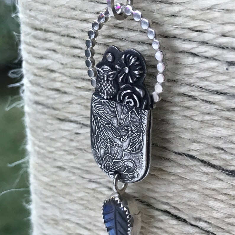 Labradorite Owl Necklace Sterling Silver Handmade OOAK Carved Leaf Stone Pendant On Chain Barn Owl Moon Flowers Floral Artisan Jewelry image 8