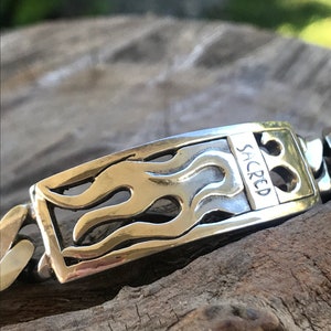 FLAME Plaque Link Bracelet Sterling Silver Carved One Of A Kind Rockabilly Style Handcrafted Sterling Chunky Heavy Link Bracelet Unisex Size image 9