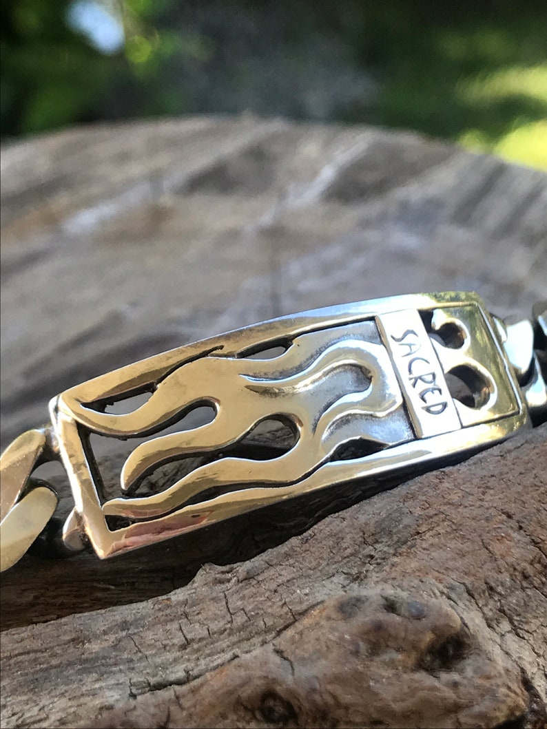 FLAME Plaque Link Bracelet Sterling Silver Carved One Of A Kind Rockabilly Style Handcrafted Sterling Chunky Heavy Link Bracelet Unisex Size image 9