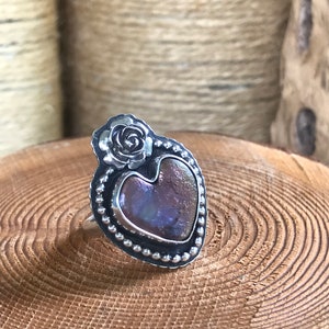 Pearl Heart Ring With Rose Sterling Silver Oxidized Handmade Size 7 Artisan Statement Ring Bezel Set Unique Pearl One Of A Kind OOAK image 3