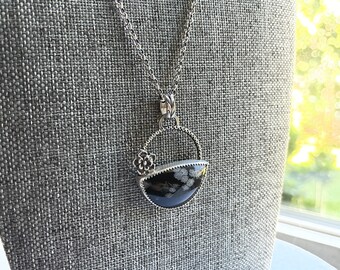 Snowflake Obsidian Pendant With Chain Sterling Silver With Flower Accent Handmade One Of A Kind Artisan Jewelry Black And Grey Gemstone