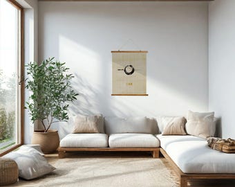 O-Okami Zen Sovereign Wolf Vajra Sword Enso Wood Topped Wall Tapestry - 26"X36" - Japanese Wall Art, Japandi Decor, Minimalist and Natural