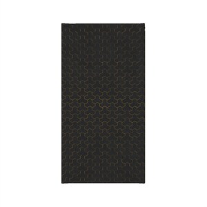 May include: Black and gold geometric pattern on a fabric surface. The pattern is made up of repeating hexagons.