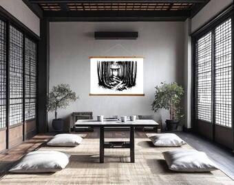 Black Tori Gate in Zen Bamboo Forest Wood Topped Wall Tapestry - 26"X36" - Japanese Wall Art, Japandi Decor, Minimalist Natural Material