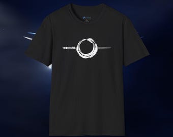 Wolf Enso Zen Circle with piercing sword, Unisex Softstyle T-Shirt (7 colors) - Unique spiritual design, zen calligraphy, totem animal