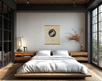 Sovereign Bird of Prey Enso Zen Circle Wood Topped Wall Tapestry - 26"X36" - Japanese Wall Art, Japandi Decor, Minimalist Natural Material