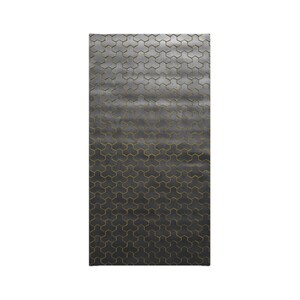 May include: Black and gold geometric patterned rug with a subtle sheen. The rug has a repeating pattern of hexagons.