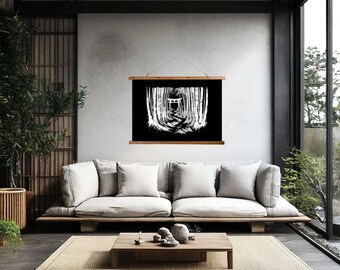 White Tori Gate in Zen Bamboo Forest Wood Topped Wall Tapestry - 26"X36" - Japanese Wall Art, Japandi Decor, Minimalist Natural Material