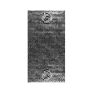 May include: A black and white abstract design with a hexagonal pattern. Two circular designs are in the center of the image.