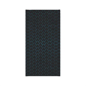 May include: Black and blue geometric pattern fabric with a repeating hexagonal design.