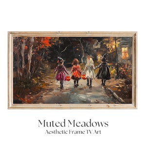 May include: A framed painting of four children dressed in Halloween costumes walking down a path in a forest. The children are carrying jack-o'-lanterns and are dressed in black, red, and white. The painting is set against a dark background with trees and a house in the distance.