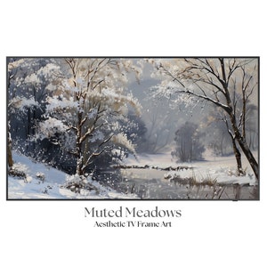 Valley River in Snow Cover Frame TV Art, Digital Winter Nature, Forest Landscape Painting Decor, Samsung, Roku, LG, 569
