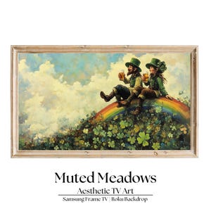 May include: Two leprechauns sitting on a rainbow with a backdrop of clouds and green shamrocks. The leprechauns are wearing green hats and holding mugs of beer. The image is framed in a light wood frame.