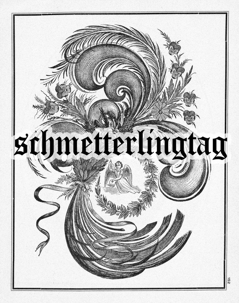 May include: A black and white illustration of a decorative design with a cherub in the center. The design features a large, swirling, feather-like shape with a ribbon and flowers. The text "schmetterlingstag" is written in bold, black letters at the top of the image.