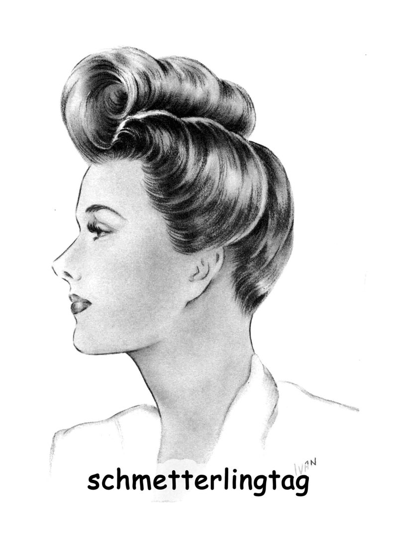 May include: A black and white pencil drawing of a woman with a vintage hairstyle. The woman is looking to the side and has a serious expression on her face. The drawing is signed "schmetterlingtag" in the bottom right corner.