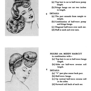 May include: Two black and white illustrations of women's hairstyles. The first image shows a long haircut with a half-wave pomp and fringe bangs. The second image shows a middy haircut with half-wave bangs and a reverse roll.