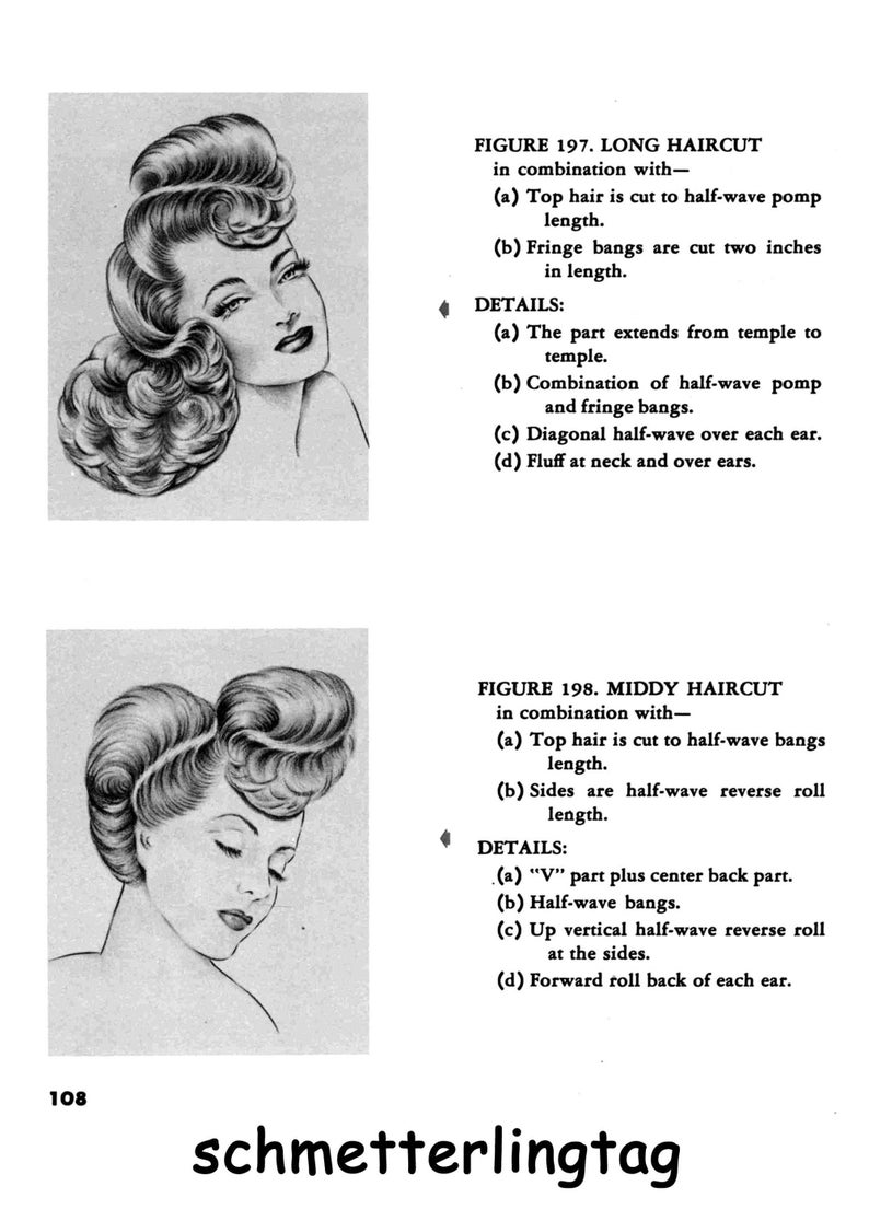 May include: Two black and white illustrations of women's hairstyles. The first image shows a long haircut with a half-wave pomp and fringe bangs. The second image shows a middy haircut with half-wave bangs and a reverse roll.