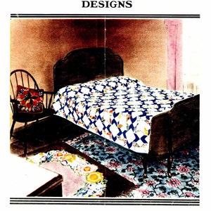May include: An advertisement for "Grandma Dexter Applique and Patchwork Designs." The image shows a bed with a quilt, a chair with a pillow, and a rug. The quilt has a white background with blue and red diamond patterns. The text "Book No. 36A" is visible.
