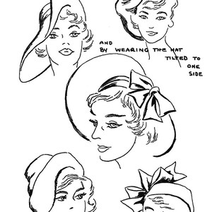 May include: Black and white line art illustration of women's hats. The text reads "Profile Hats" and describes how to achieve a certain look by turning the brim up, tilting the hat, or adding trim. The word "schmetterlingtag" is at the bottom.