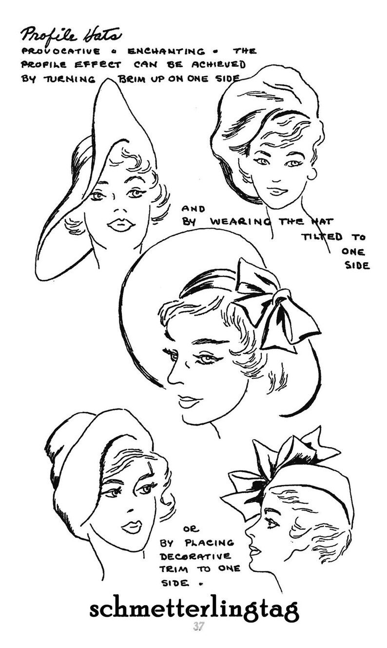 May include: Black and white line art illustration of women's hats. The text reads "Profile Hats" and describes how to achieve a certain look by turning the brim up, tilting the hat, or adding trim. The word "schmetterlingtag" is at the bottom.