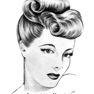 May include: Black and white pencil drawing of a woman with a vintage hairstyle. Her hair is styled in a series of tight curls and waves. The woman is looking to the side with a soft expression. The drawing is signed "schmetterlingtag" in the bottom right corner.