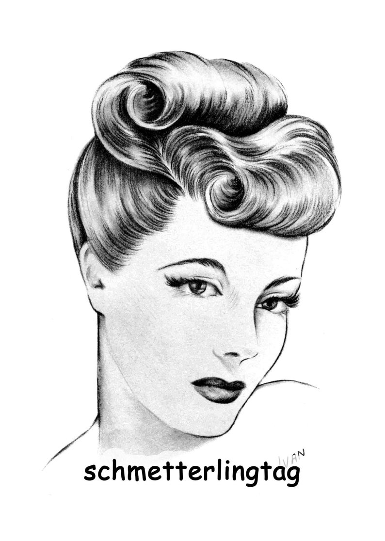 May include: Black and white pencil drawing of a woman with a vintage hairstyle. Her hair is styled in a series of tight curls and waves. The woman is looking to the side with a soft expression. The drawing is signed "schmetterlingtag" in the bottom right corner.