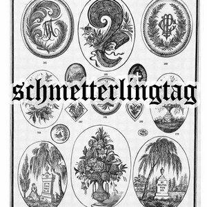 May include: Black and white illustrations of various designs for a cemetery headstone. The designs include a weeping willow tree, a vase of flowers, a cross, and a palm tree.