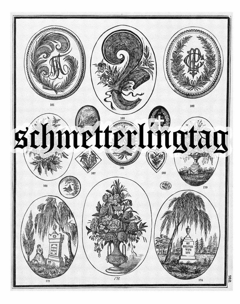 May include: Black and white illustrations of various designs for a cemetery headstone. The designs include a weeping willow tree, a vase of flowers, a cross, and a palm tree.