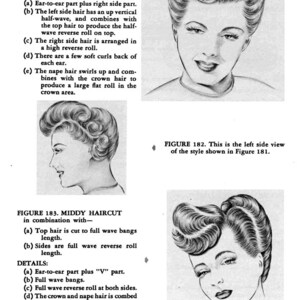 May include: A black and white illustration of a woman with a middy haircut. The hair is styled in a reverse roll on the top and sides. The illustration is labeled "Figure 181. Middy Haircut".