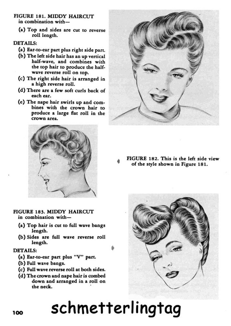 May include: A black and white illustration of a woman with a middy haircut. The hair is styled in a reverse roll on the top and sides. The illustration is labeled "Figure 181. Middy Haircut".