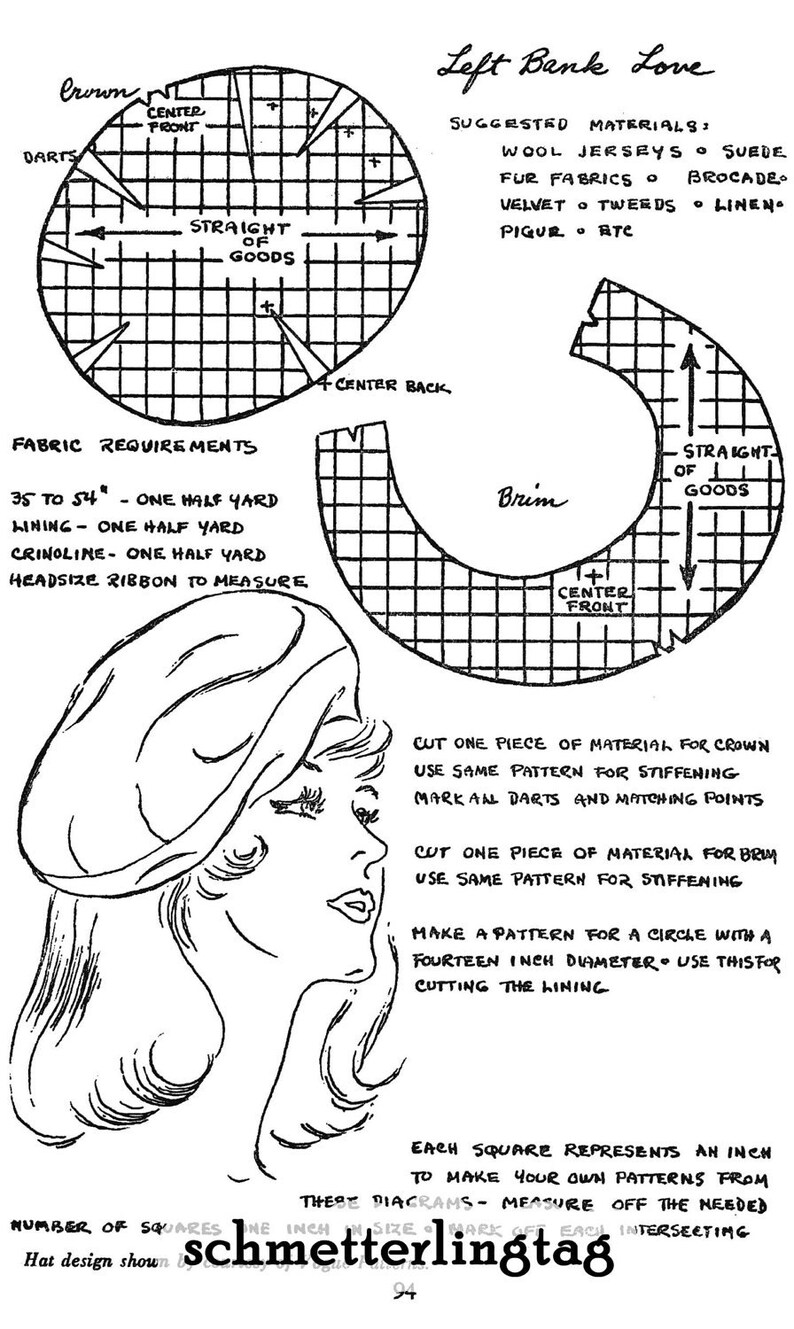 May include: Black and white illustration of a hat pattern with diagrams and instructions. Includes fabric requirements, suggested materials, and a side profile of a woman wearing the hat. The text "Left Bank Love" is at the top.