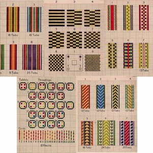May include: A collection of instructional diagrams on graph paper illustrating tablet weaving patterns. The charts display various colorful striped, checkered, and geometric designs, labeled with tab counts, threadings, and cord effects for textile weaving.