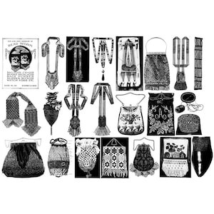 May include: A collection of beaded purses, bags, and necklaces. The image includes a variety of styles and designs, including a small purse with a floral design, a larger bag with a beaded fringe, and a necklace with a tassel.