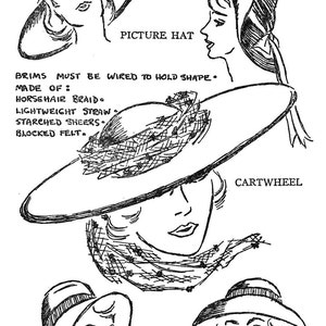 May include: Black and white illustration of various picture hats, including a picture hat, cartwheel hat, and mushroom hat. The image includes text describing the hats' features, such as wide brims and romantic styles. The hats are made of materials like horsehair braid and lightweight straw.