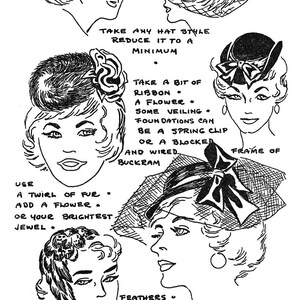 May include: Line drawing of vintage hats with text. The text reads "Miniatures and Half Hats" and instructions on how to create them. The image includes illustrations of different hat styles, including headbands, veils, and ribbon designs.