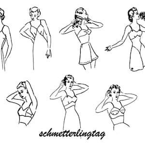 Puede incluir: Ilustraciones en blanco y negro de mujeres en lencería vintage. Los dibujos muestran varias poses y estilos, incluyendo camisones, sujetadores y faldas. El texto "schmetterlingtag" está escrito en cursiva en la parte inferior de la imagen.