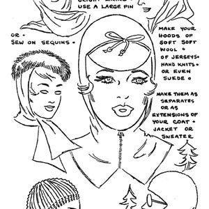 May include: Line drawing of vintage hood designs, including visored, brimmed, and furred options. Text reads "Hoods For Glamour" and "Make your hoods of soft wool or jerseys." The image also includes the text "schmetterlingtag".