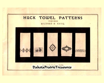 May include: A vintage instructional booklet titled HUCK TOWEL PATTERNS THIRD SERIES by Mildred V. Krieg. The cover features five rectangular white panels displaying distinct black geometric embroidery designs against a solid black background.