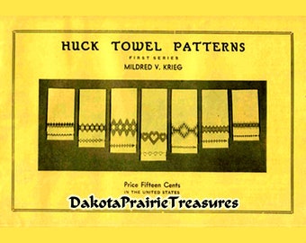 May include: A vintage pamphlet titled "Huck Towel Patterns: First Series" by Mildred V. Krieg. The pamphlet features seven different towel patterns, each with a unique design. The price is listed as fifteen cents.