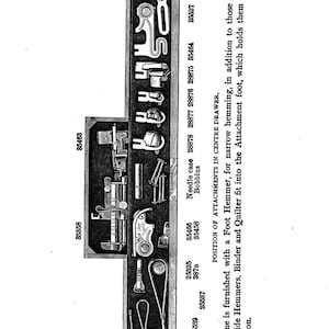 Puede incluir: Un diagrama que muestra la posici&oacute;n de los accesorios para una m&aacute;quina de coser. El diagrama muestra los diferentes accesorios y sus n&uacute;meros correspondientes. El texto "POSITION OF ATTACHMENTS IN CENTRE DRAWER" es visible en la parte inferior del diagrama.