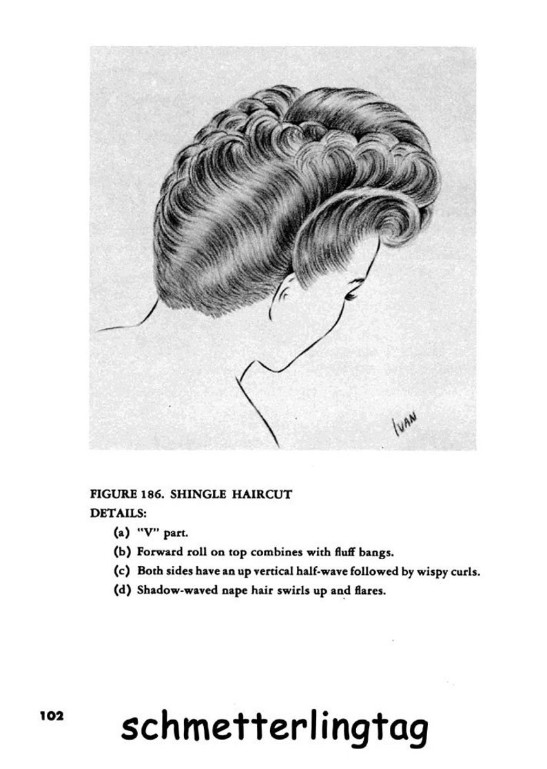May include: A black and white illustration of a woman with a short, wavy hairstyle. The hairstyle is described as a "shingle haircut" with details about the part, bangs, and waves. The text "FIGURE 186. SHINGLE HAIRCUT DETAILS:" is included in the image.