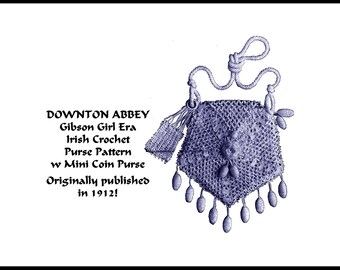 Irish Crochet Purse Pattern DOWNLOAD 1912 Gibson Girl Titanic Era Elegant Fashion Accessory Rose Opera Evening Bag Reticule Handbag DIY