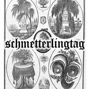 May include: A black and white illustration of a cemetery with four headstones. The headstones are decorated with flowers, trees, and the text "My Dear Mary Died Over 1879", "A Pere", "My Father Died Feb 1841", and "Schmetterlingtag".